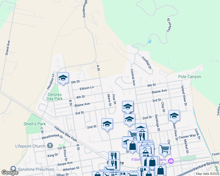 map of restaurants, bars, coffee shops, grocery stores, and more near 813 Woodgrove Road in Fillmore