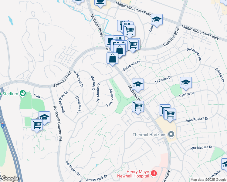 map of restaurants, bars, coffee shops, grocery stores, and more near 26266 Park View Road in Santa Clarita