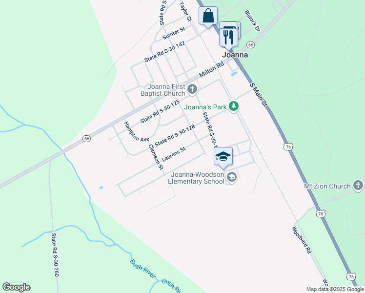 map of restaurants, bars, coffee shops, grocery stores, and more near 308 Laurens Street in Joanna