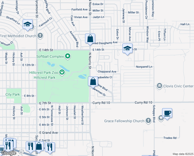 map of restaurants, bars, coffee shops, grocery stores, and more near 2120 Bobwhite Court in Clovis