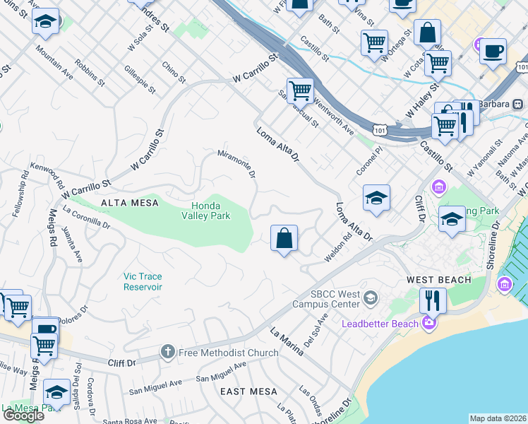 map of restaurants, bars, coffee shops, grocery stores, and more near 680 Miramonte Drive in Santa Barbara