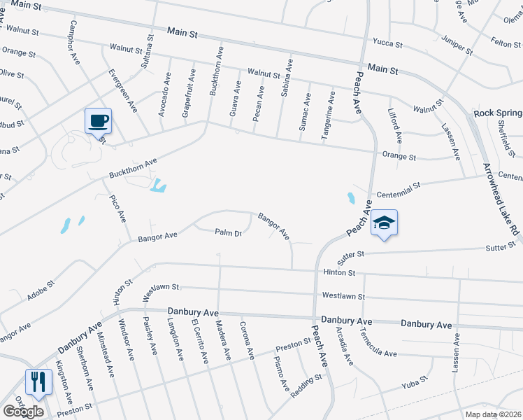 map of restaurants, bars, coffee shops, grocery stores, and more near 18132 Bangor Avenue in Hesperia