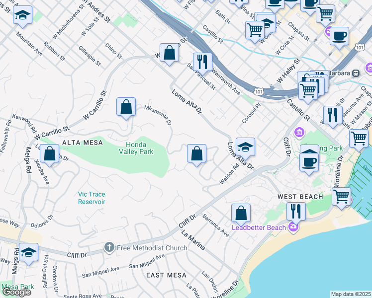 map of restaurants, bars, coffee shops, grocery stores, and more near 653 Miramonte Drive in Santa Barbara