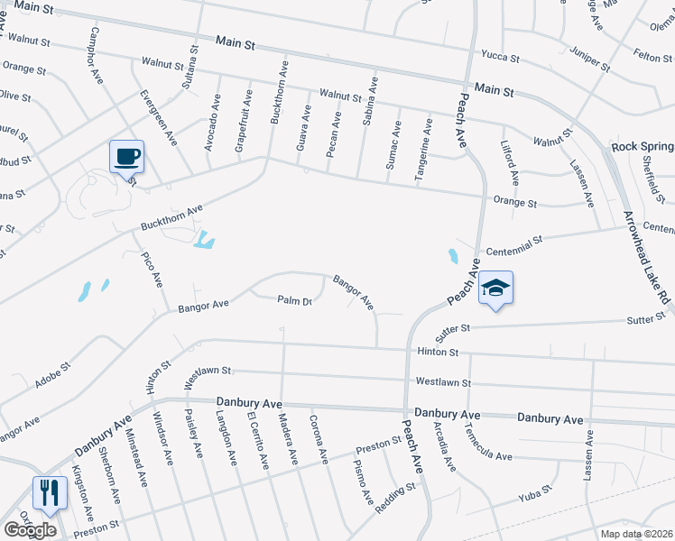 map of restaurants, bars, coffee shops, grocery stores, and more near 18132 Bangor Avenue in Hesperia
