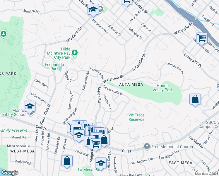 map of restaurants, bars, coffee shops, grocery stores, and more near 1820 La Coronilla Drive in Santa Barbara