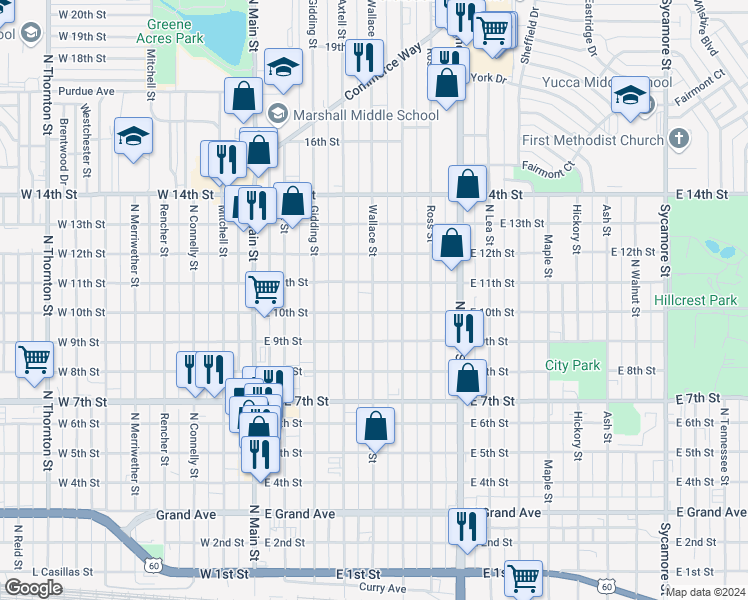 map of restaurants, bars, coffee shops, grocery stores, and more near 1008 Wallace Street in Clovis