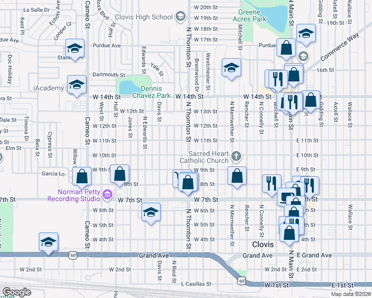 map of restaurants, bars, coffee shops, grocery stores, and more near 1013 North Reid Street in Clovis