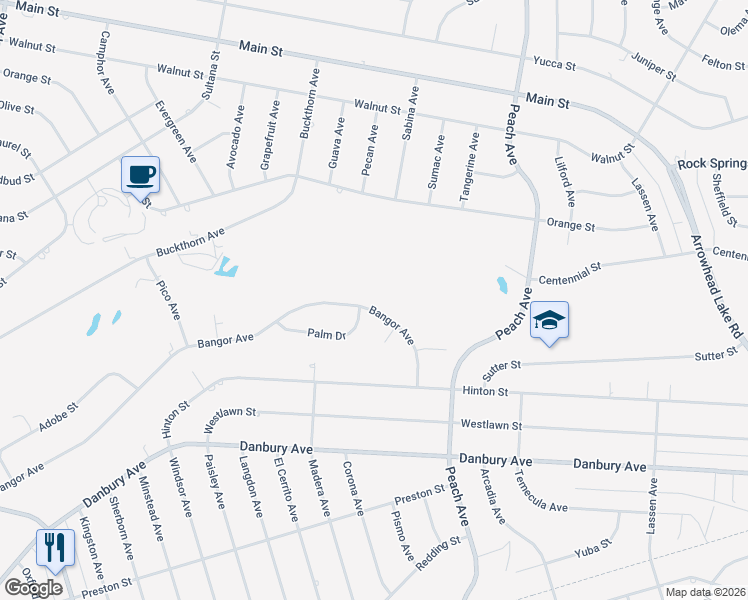 map of restaurants, bars, coffee shops, grocery stores, and more near Bangor Avenue in Hesperia