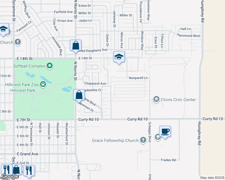 map of restaurants, bars, coffee shops, grocery stores, and more near 317 Almond Tree Lane in Clovis