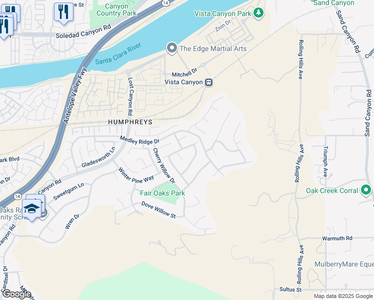 map of restaurants, bars, coffee shops, grocery stores, and more near 17140 Summer Maple Way in Santa Clarita