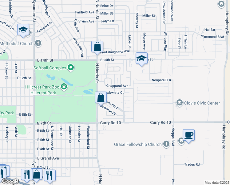 map of restaurants, bars, coffee shops, grocery stores, and more near 2200 Bobwhite Court in Clovis