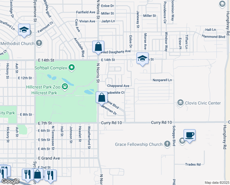 map of restaurants, bars, coffee shops, grocery stores, and more near 2200 Bobwhite Court in Clovis