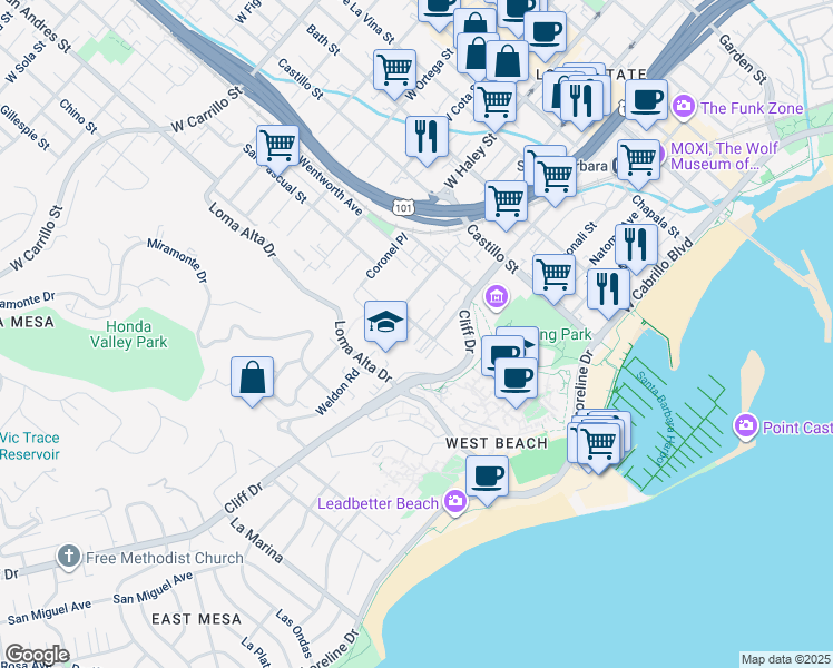 map of restaurants, bars, coffee shops, grocery stores, and more near 323 Ladera Street in Santa Barbara