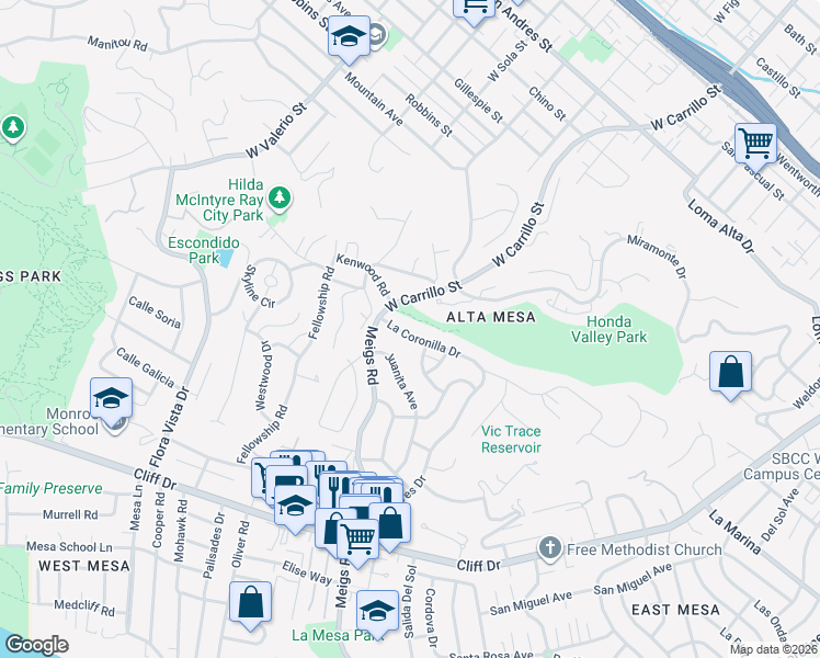 map of restaurants, bars, coffee shops, grocery stores, and more near 1820 La Coronilla Drive in Santa Barbara