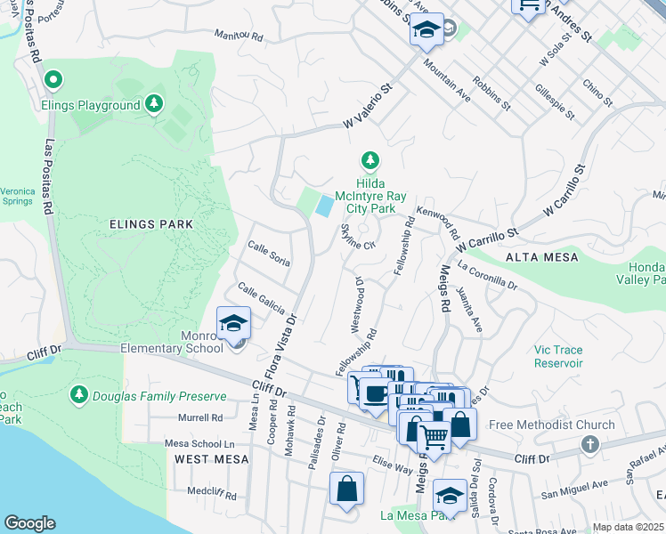 map of restaurants, bars, coffee shops, grocery stores, and more near 2345 Skyline Way in Santa Barbara