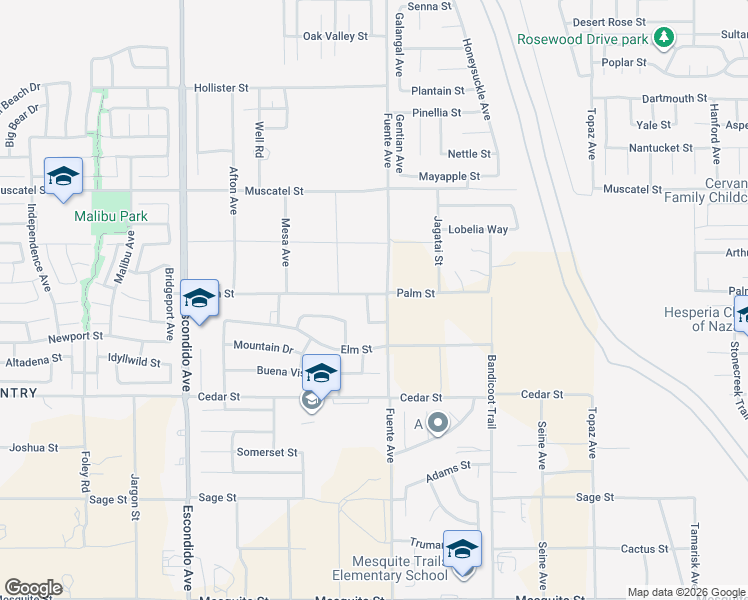 map of restaurants, bars, coffee shops, grocery stores, and more near 8675 Buena Vista Lane in Hesperia