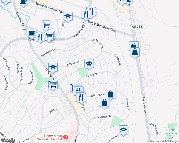 map of restaurants, bars, coffee shops, grocery stores, and more near 23601 Carrizo Drive in Santa Clarita