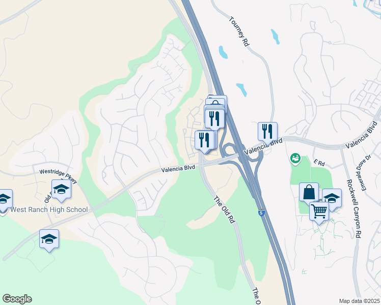 map of restaurants, bars, coffee shops, grocery stores, and more near 25330 Silver Aspen Way in Stevenson Ranch