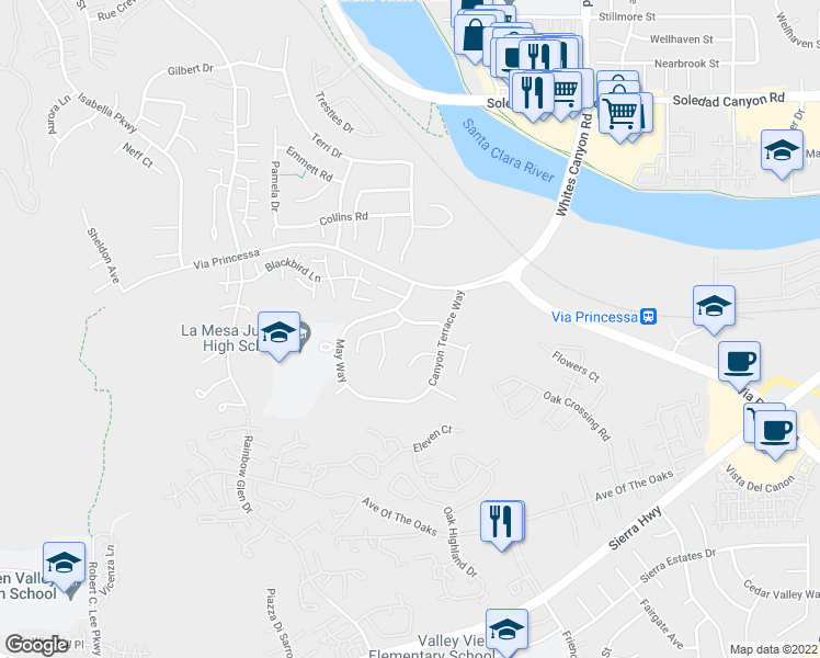 map of restaurants, bars, coffee shops, grocery stores, and more near 19612 Monarch Ridge Drive in Santa Clarita