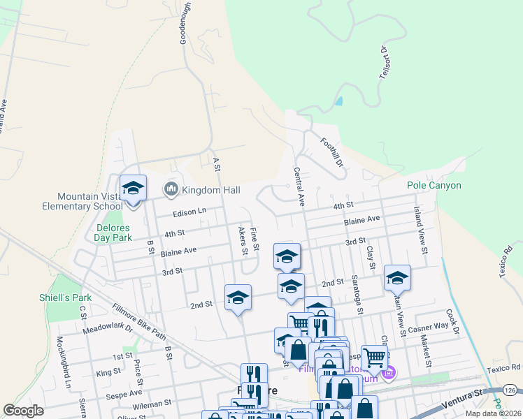 map of restaurants, bars, coffee shops, grocery stores, and more near 813 Woodgrove Road in Fillmore