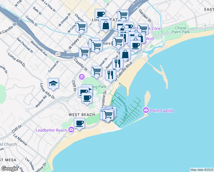 map of restaurants, bars, coffee shops, grocery stores, and more near 336 West Cabrillo Boulevard in Santa Barbara