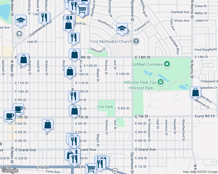 map of restaurants, bars, coffee shops, grocery stores, and more near 1009 Hickory Street in Clovis