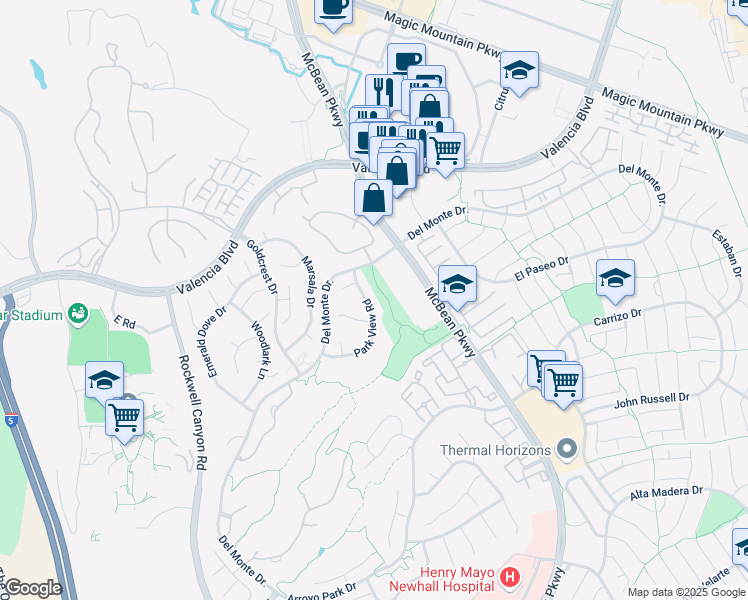 map of restaurants, bars, coffee shops, grocery stores, and more near 26266 Park View Road in Santa Clarita