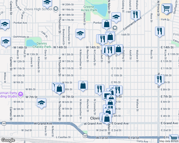 map of restaurants, bars, coffee shops, grocery stores, and more near 1015 Rencher Street in Clovis