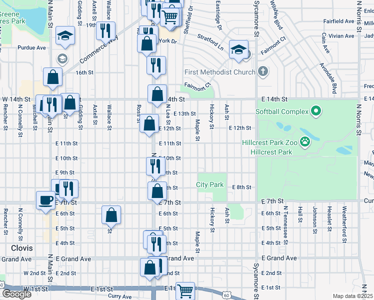 map of restaurants, bars, coffee shops, grocery stores, and more near 1009 North Oak Street in Clovis