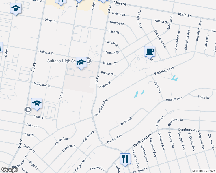 map of restaurants, bars, coffee shops, grocery stores, and more near 17391 Aspen Street in Hesperia