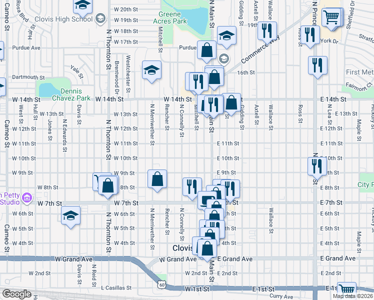 map of restaurants, bars, coffee shops, grocery stores, and more near 1015 North Connelly Street in Clovis