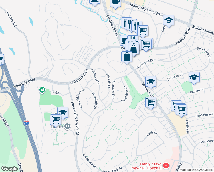 map of restaurants, bars, coffee shops, grocery stores, and more near 26355 Marsala Drive in Santa Clarita