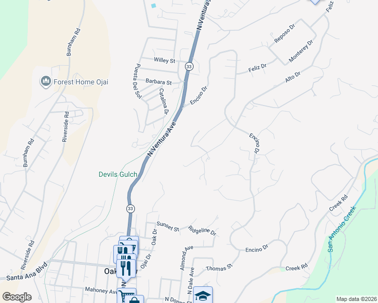 map of restaurants, bars, coffee shops, grocery stores, and more near 10945 Alto Court in Oak View