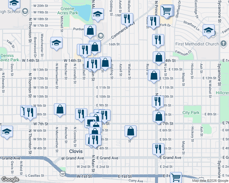 map of restaurants, bars, coffee shops, grocery stores, and more near 1016 Gidding Street in Clovis