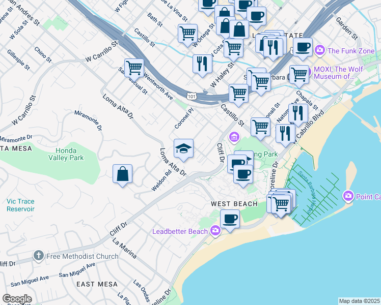 map of restaurants, bars, coffee shops, grocery stores, and more near 323 Ladera Street in Santa Barbara
