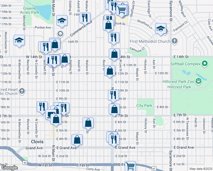 map of restaurants, bars, coffee shops, grocery stores, and more near 701 East 11th Street in Clovis