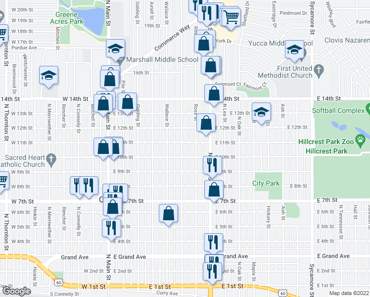 map of restaurants, bars, coffee shops, grocery stores, and more near 1013 Sheldon Street in Clovis