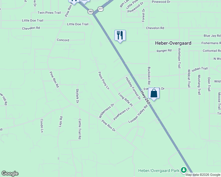 map of restaurants, bars, coffee shops, grocery stores, and more near 2887 Paint Pony Lane in Heber-Overgaard