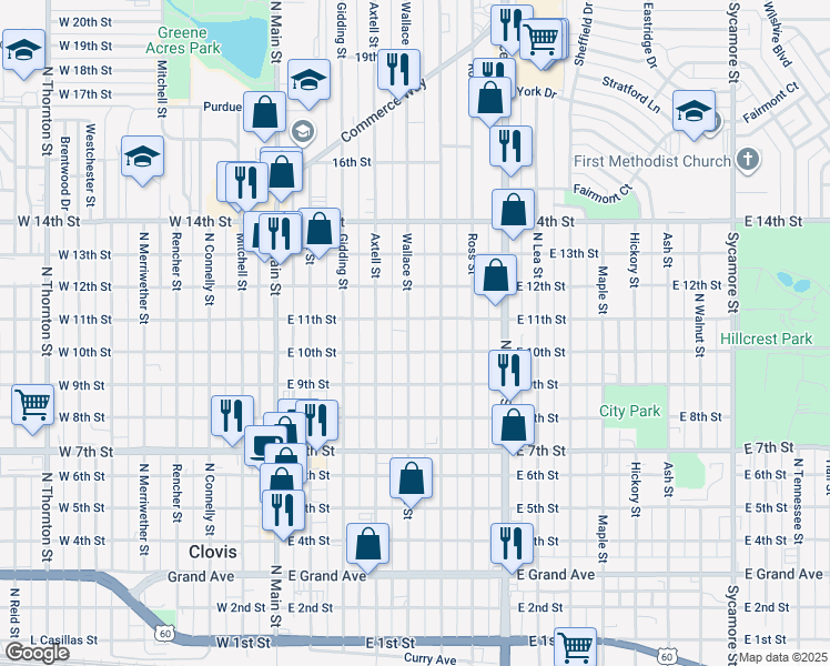 map of restaurants, bars, coffee shops, grocery stores, and more near 1015 Wallace Street in Clovis
