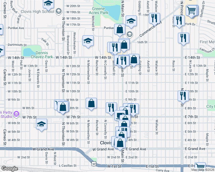 map of restaurants, bars, coffee shops, grocery stores, and more near 1015 North Connelly Street in Clovis
