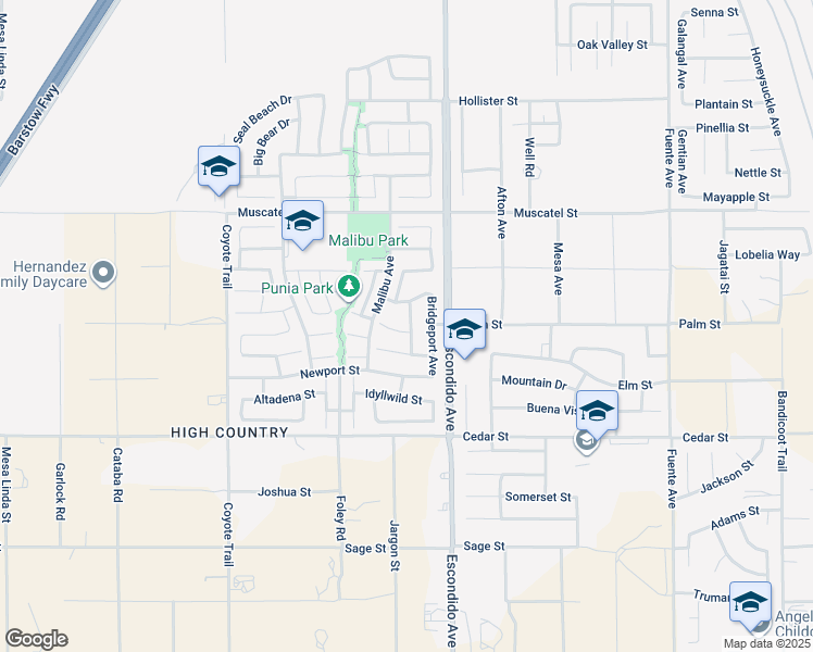 map of restaurants, bars, coffee shops, grocery stores, and more near 13234 Cucamonga Court in Hesperia