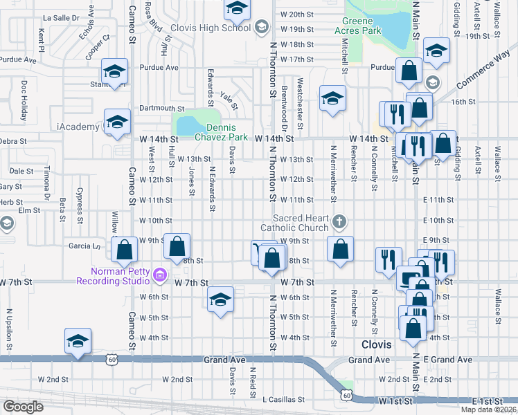 map of restaurants, bars, coffee shops, grocery stores, and more near 1013 N Reid St in Clovis