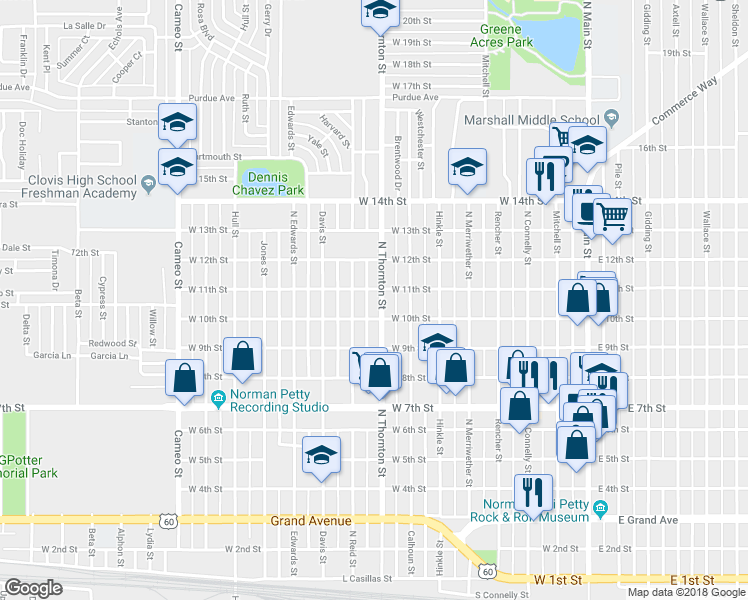 map of restaurants, bars, coffee shops, grocery stores, and more near 1012 North Thornton Street in Clovis