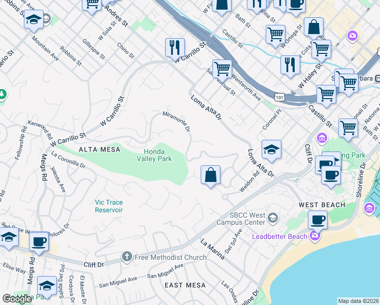 map of restaurants, bars, coffee shops, grocery stores, and more near 710 Miramonte Drive in Santa Barbara