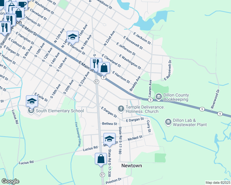 map of restaurants, bars, coffee shops, grocery stores, and more near 1455-1497 East Hampton Street in Dillon