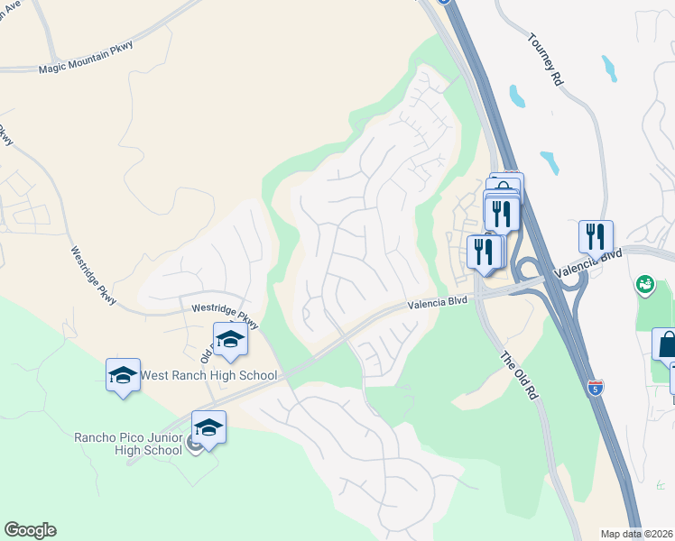 map of restaurants, bars, coffee shops, grocery stores, and more near 26874 Greenleaf Court in Stevenson Ranch