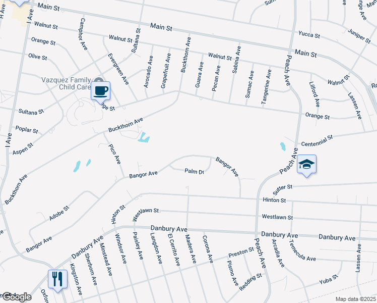 map of restaurants, bars, coffee shops, grocery stores, and more near 17990 Bangor Avenue in Hesperia