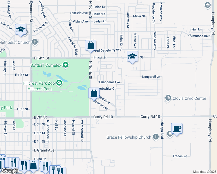 map of restaurants, bars, coffee shops, grocery stores, and more near 2200 Bobwhite Court in Clovis