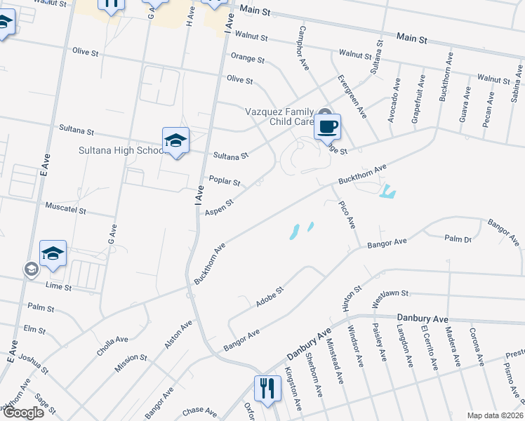 map of restaurants, bars, coffee shops, grocery stores, and more near 17494 Buckthorn Avenue in Hesperia