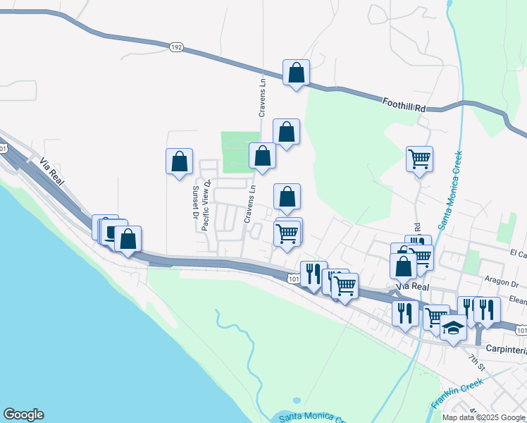 map of restaurants, bars, coffee shops, grocery stores, and more near in Carpinteria